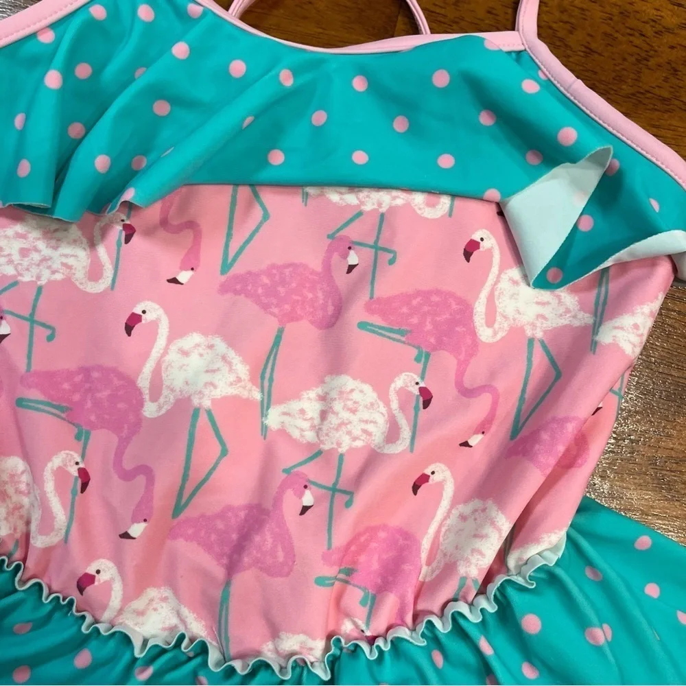 Matilda Jane pink blue flamingo polka dot one piece swim suit size 10